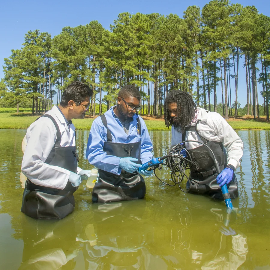 Three men wearing waterproof overalls and gloves stand knee-deep in a pond conducting water sampling research. They examine equipment and hold sensors connected to cables. A line of tall pine trees and clear blue sky are visible in the background.