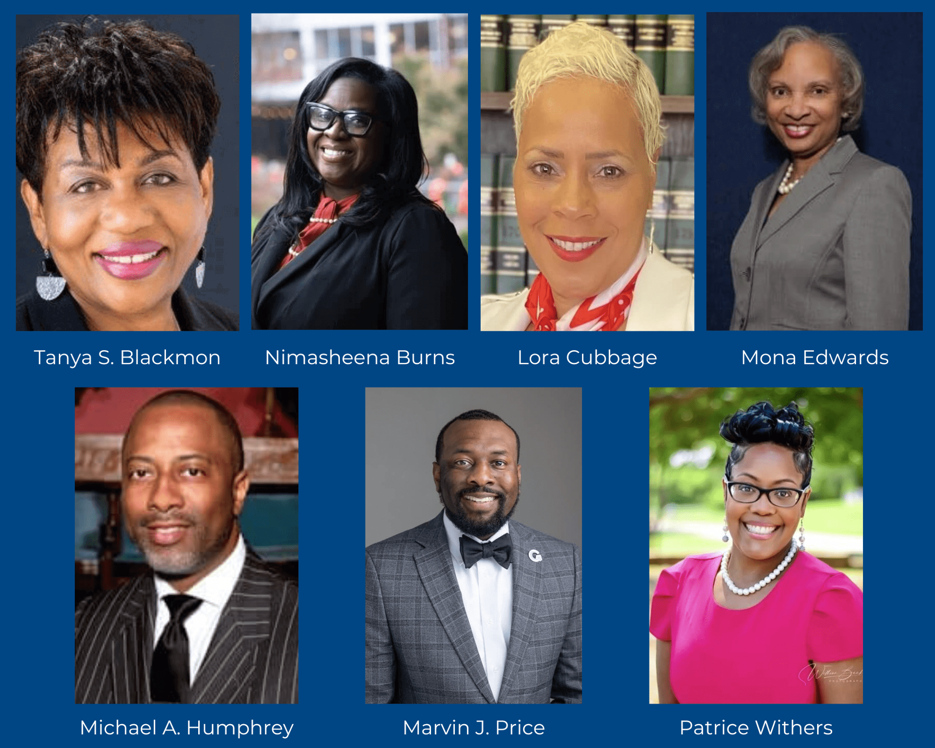 Mug shots, left to right and top to bottom, Tanya S. Blackmon, Nimasheena Burns, Lora Cubbage, Mona Edwards, Michael A. humphrey, Marvin J. Price, Patrice Withers